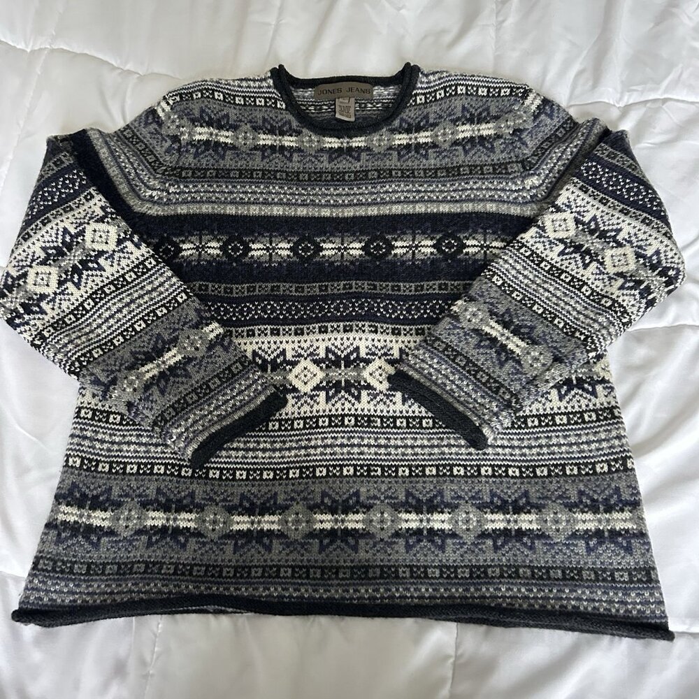 Vintage Jones Jeans Mens‎ Large L Sweater 100% Wool Knit Snowflake Blue White
